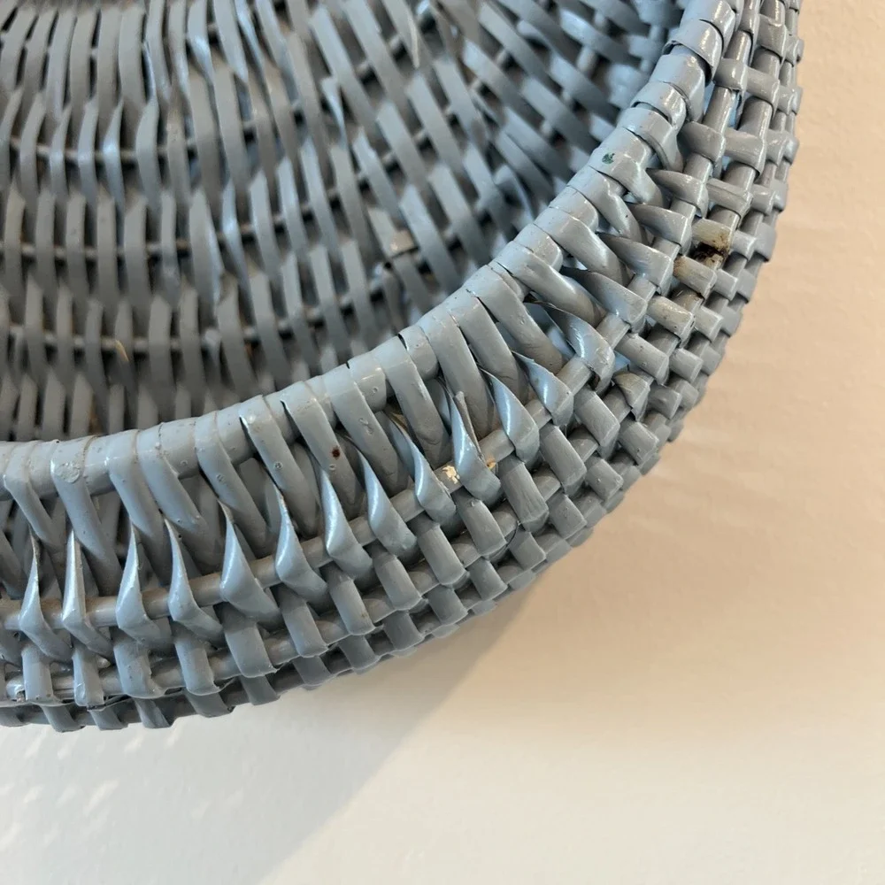 Woven Wicker Pocket Basket Blue Grayish Half Moon Design Vintage Painted